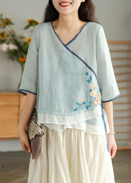 Light Blue O Neck Asymmetrical Lace Up Linen Top Spring