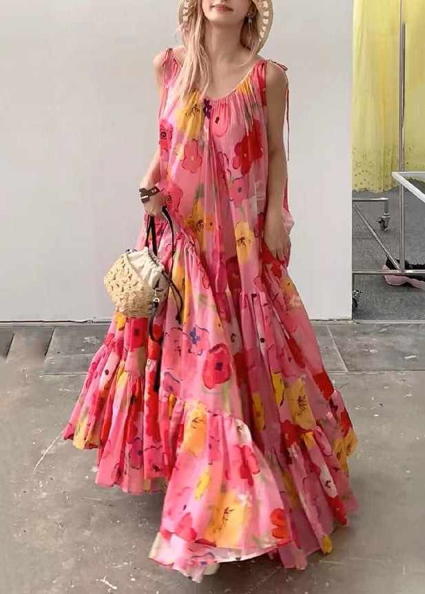 Pink Print Wrinkled Patchwork Strap Dress Summer