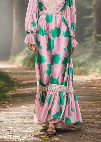 V Neck Print Lace Patchwork Silk Long Dress Spring