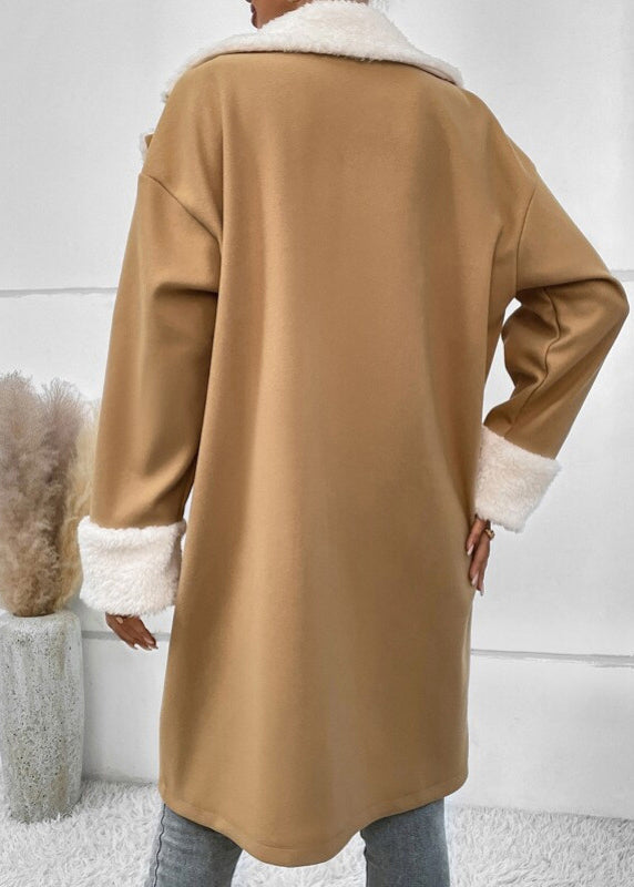Khaki Peter Pan Collar Button Fleece Wool Lined Coat Outwear Winter
