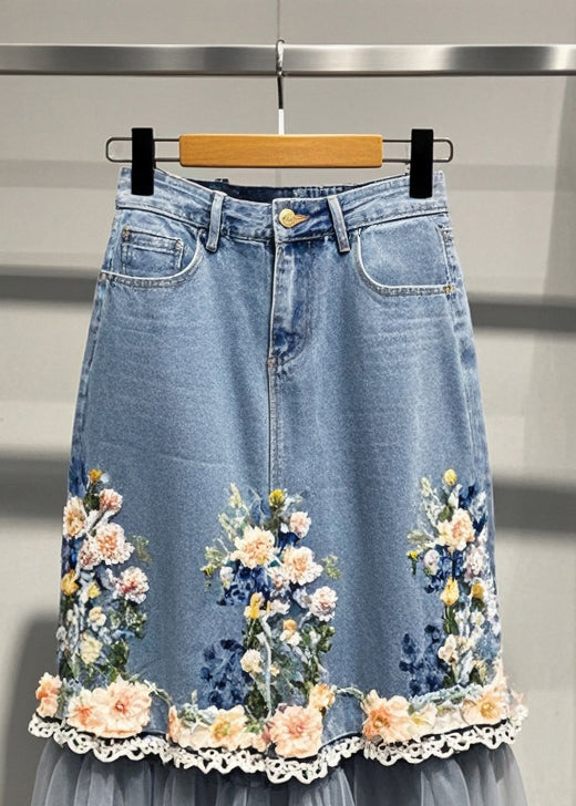 Blue Flower Patchwork Tulle Denim Skirts Fall