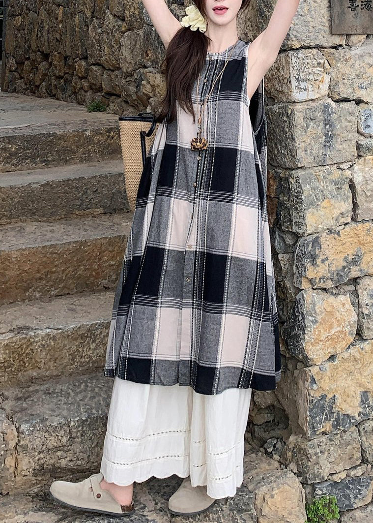 Loose Plaid Shirts Dress and White Wide Leg Pants Cotton Two Pieces Set Sleeveless