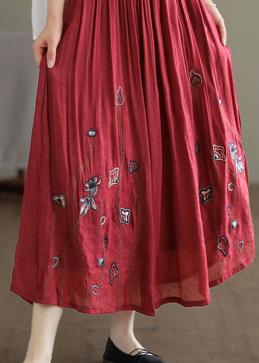 Red Linen Silk a Line Skirts Embroidered Exra Large Hem Spring