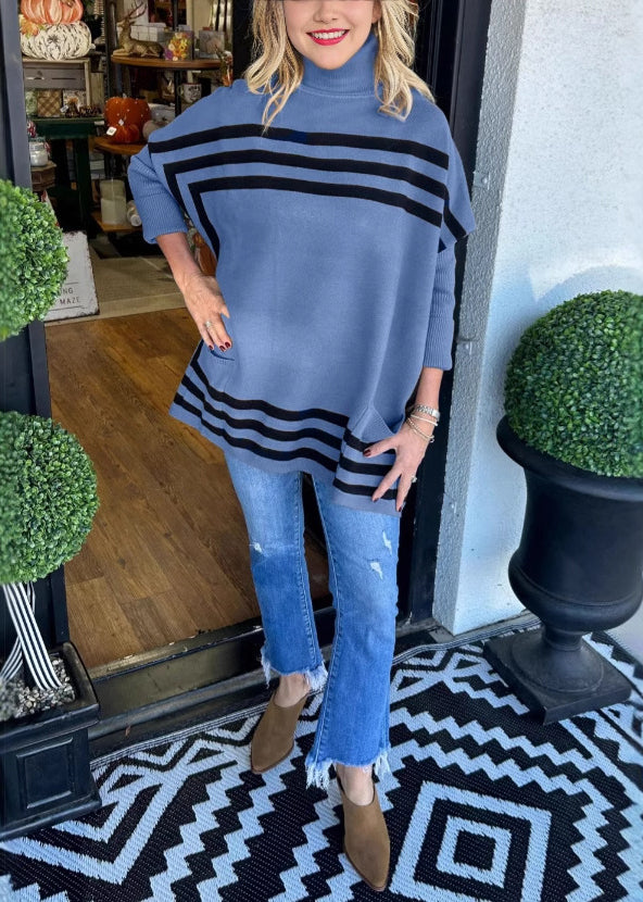 Loose Black Hign Neck Striped Knit Sweaters Batwing Sleeve
