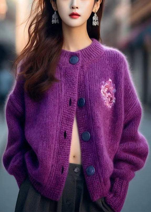 Purple O Neck Button Cozy Knit Cardigan Winter