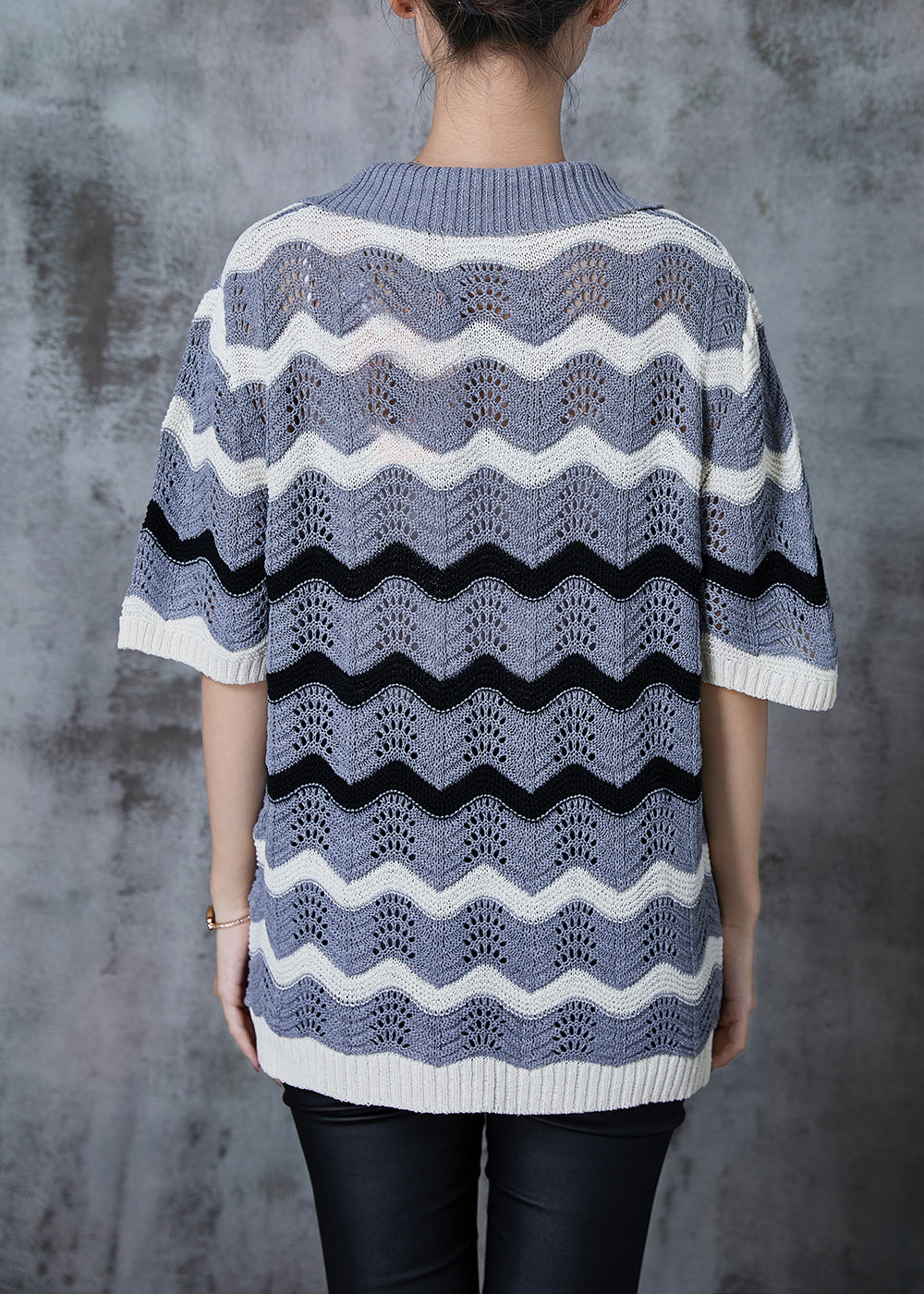 Grey Striped Hollow Out Knit Top Summer