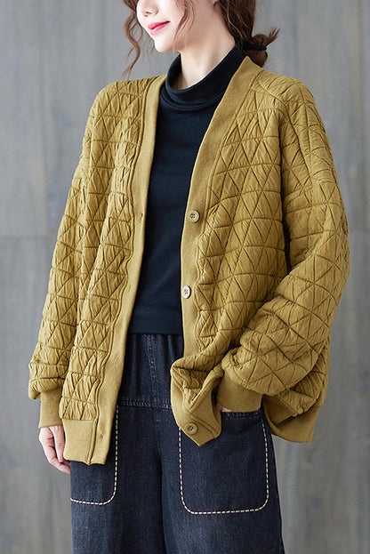 Khaki V Neck Daisythick Short Coats