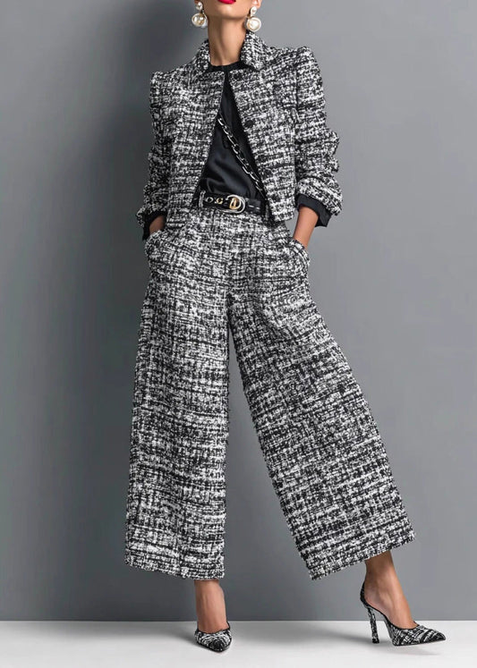 French Black Coat and Pants Cotton Two Pieces Set Fall
