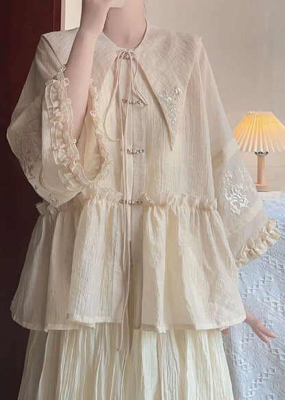 Art Beige Peter Pan Collar Ruffled Shirts and Skirts Cotton Two Pieces Set Spring