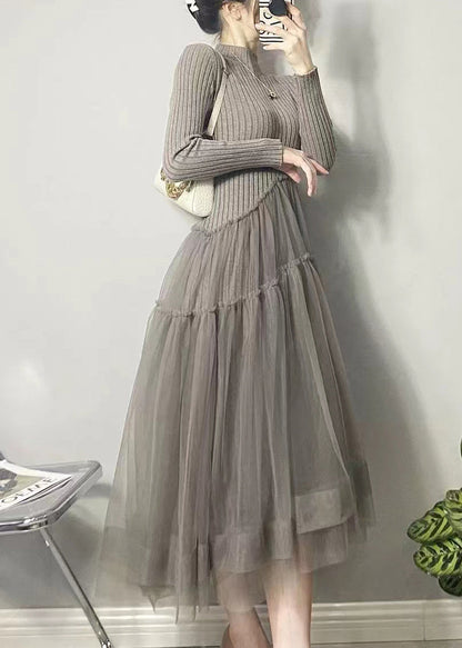 Grey Asymmetrical Tulle Patchwork Long Dresses Fall