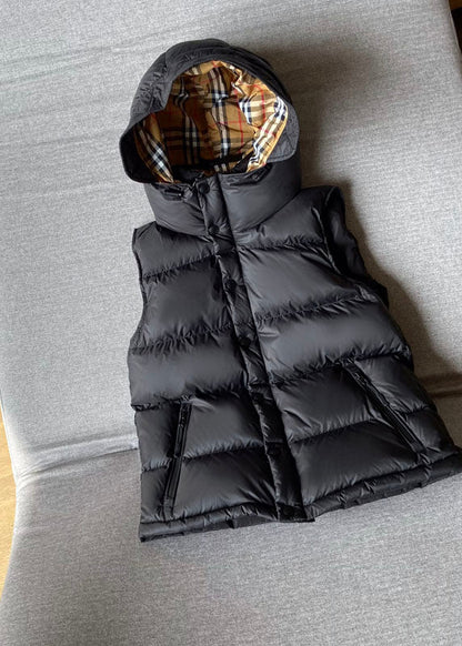 Simple Black Hooded Color Duck Down Puffer Vest Sleeveless