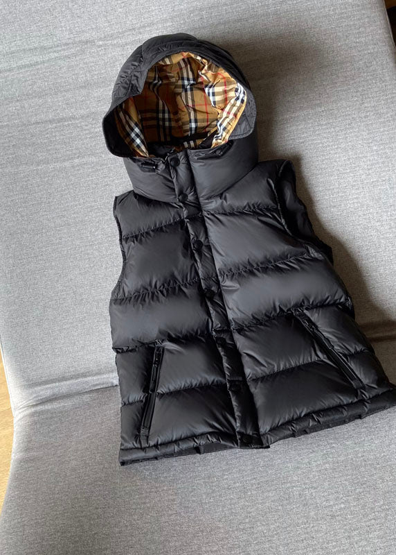 Simple Black Hooded Color Duck Down Puffer Vest Sleeveless
