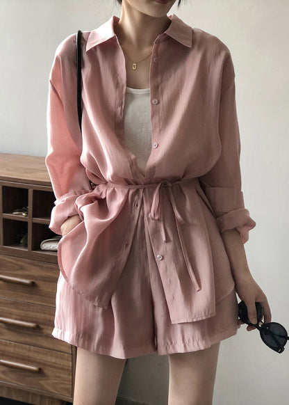 Loose Pink Lace Up Pockets Shirts and Shorts Silk Two Pieces Set Spring