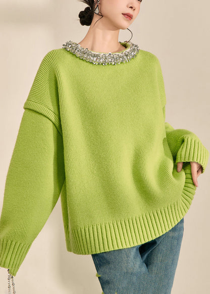 Green O-neck Patchwork Cotton Knit Sweater Long Sleeve