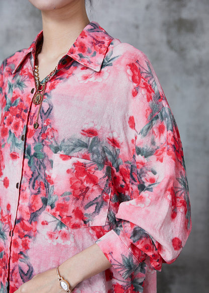 Red Plum Blossom Print Cotton Shirt Top Spring