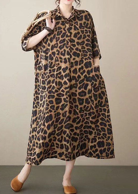 Leopard Peter Pan Collar Pockets Patchwork Cotton Long Dresses Summer
