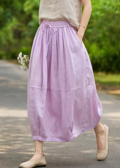 Purple Pockets Linen Summer Skirts Elastic Waist