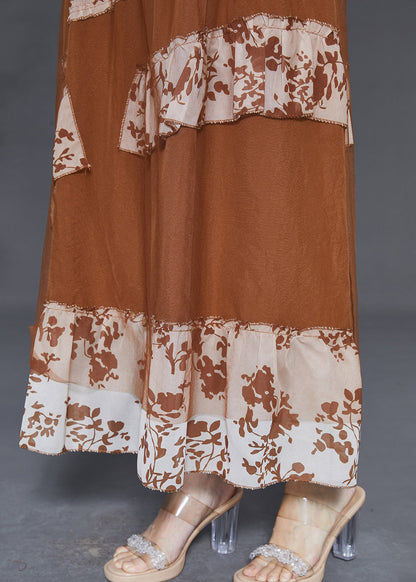 Coffee Patchwork Chiffon Spaghetti Strap Dress Summer
