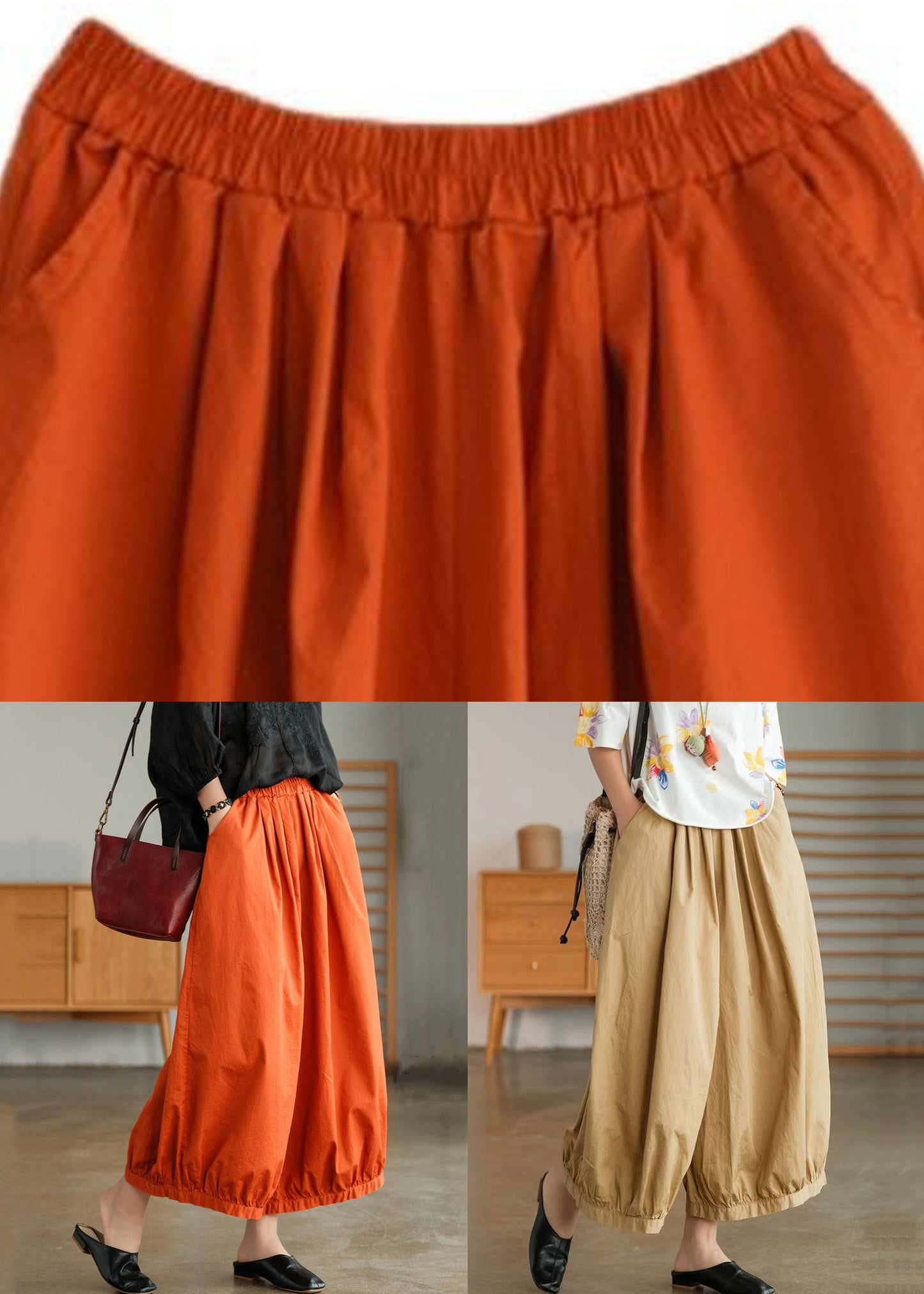 Khaki Pockets Cotton Wide Leg Pants High Waist Summer