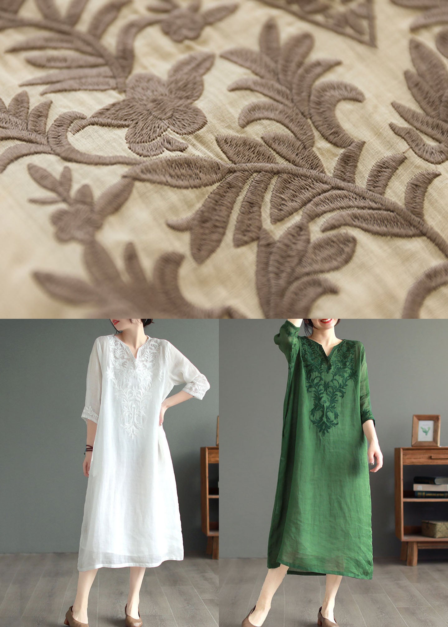 Boutique Green Embroidered Patchwork Linen Dresses Bracelet Sleeve