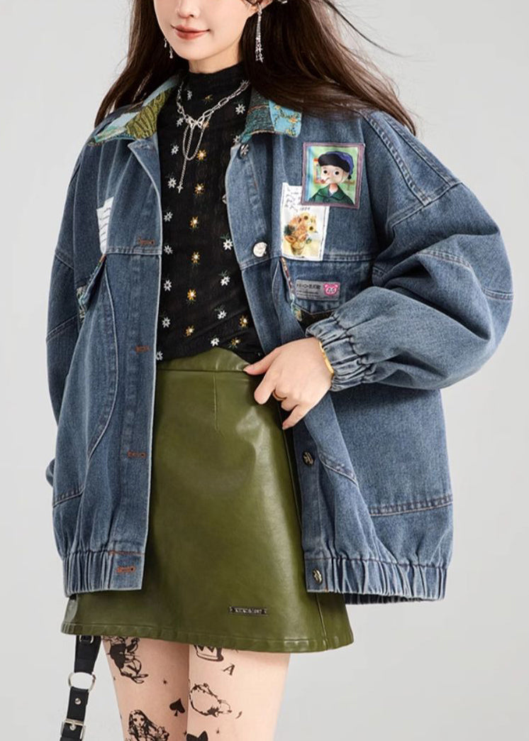 Loose Blue Bow Button Patchwork Denim Coat Spring