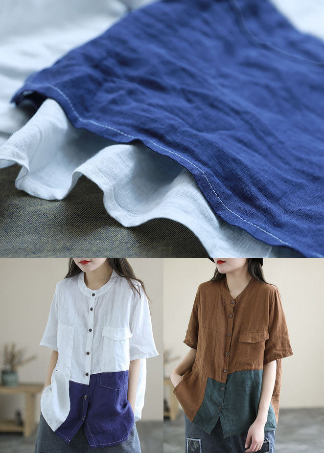 Modern White Blue O-neck Patchwork Linen Blouse Tops Short Sleeve