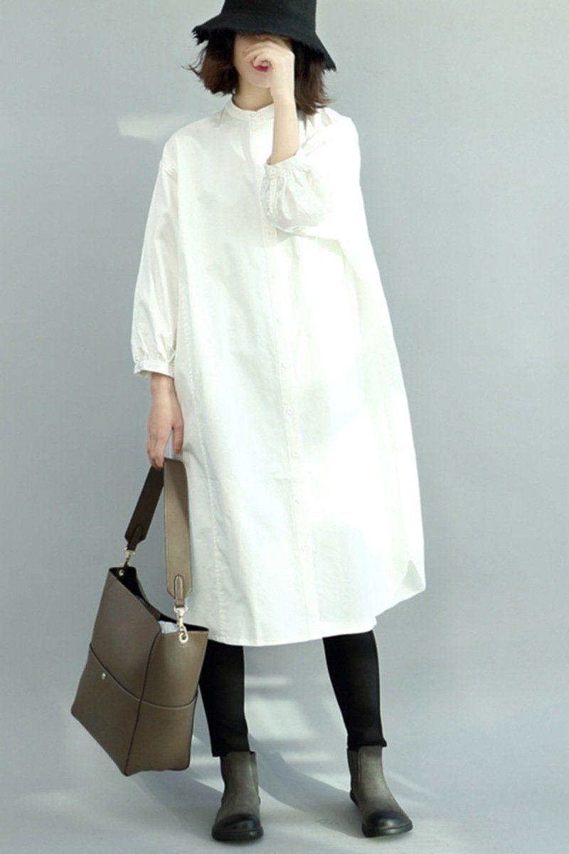 Loose Shirt Dress, Stand Collar Winter Long Shirt
