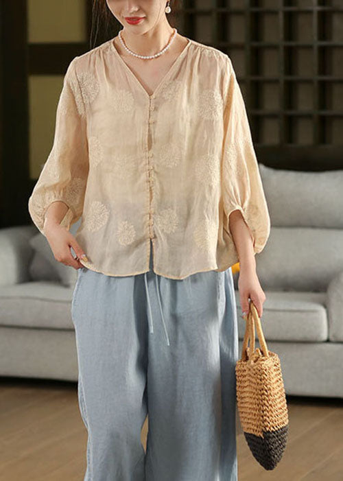 Pink V Neck Embroidered Linen Shirt Top Lantern Sleeve