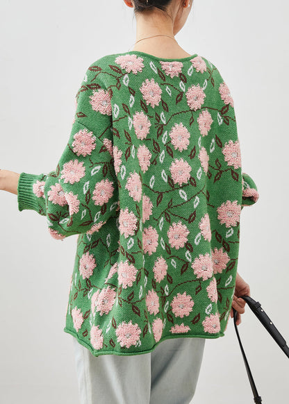 Green Jacquard Cozy Knit Cardigans Oversized Winter
