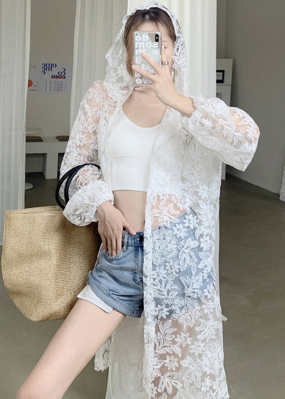 White Embroideried Hooded Tulle Cardigans Summer