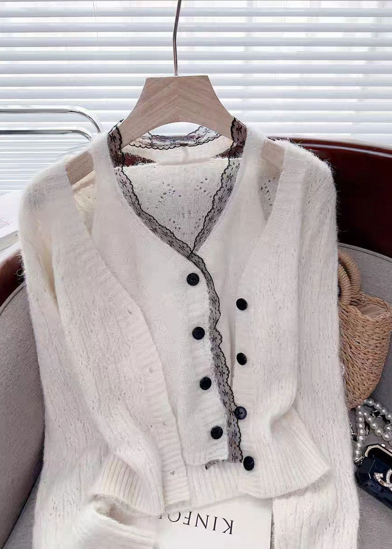 Modern Pink Lace Patchwork False Two Pieces Knit Sweaters Fall