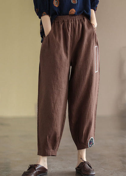 Khaki Elastic Waist Patchwork Applique Linen Harem Pants Fall