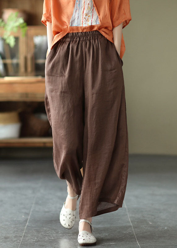 Chocolate Elastic Waist Pockets Linen Wide Leg Pants Summer