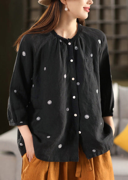Black Embroidered Button Linen Blouse Top Summer