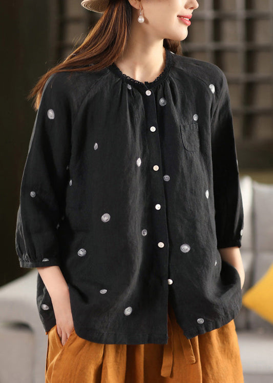 Black Embroidered Button Linen Blouse Top Summer