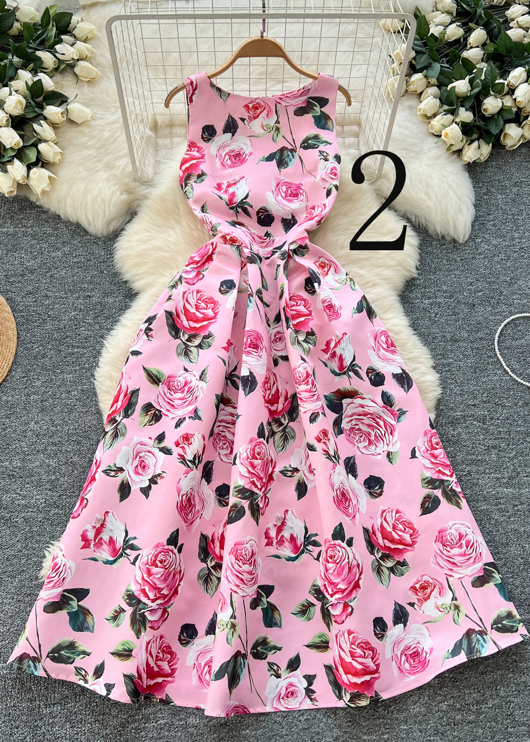Flower Print Exra Large Hem Silk Tea Dress Sleeveless