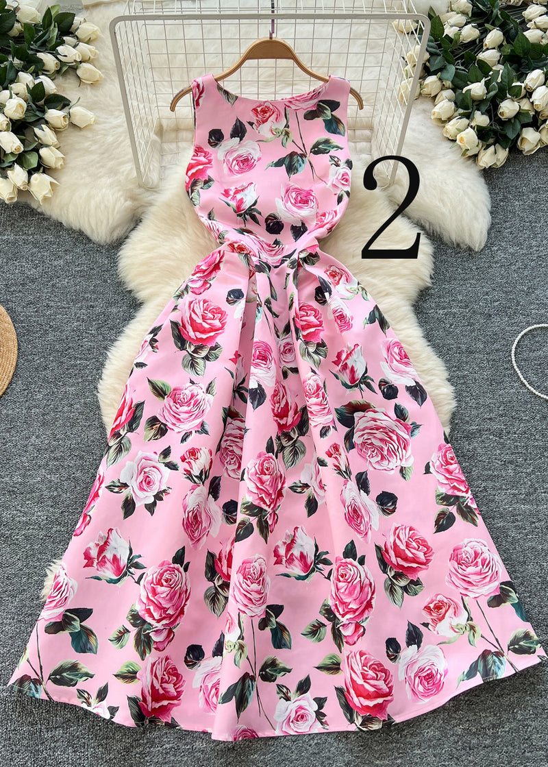 Flower Print Exra Large Hem Silk Tea Dress Sleeveless