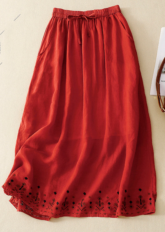 Green Embroidered Linen a Line Skirt Summer