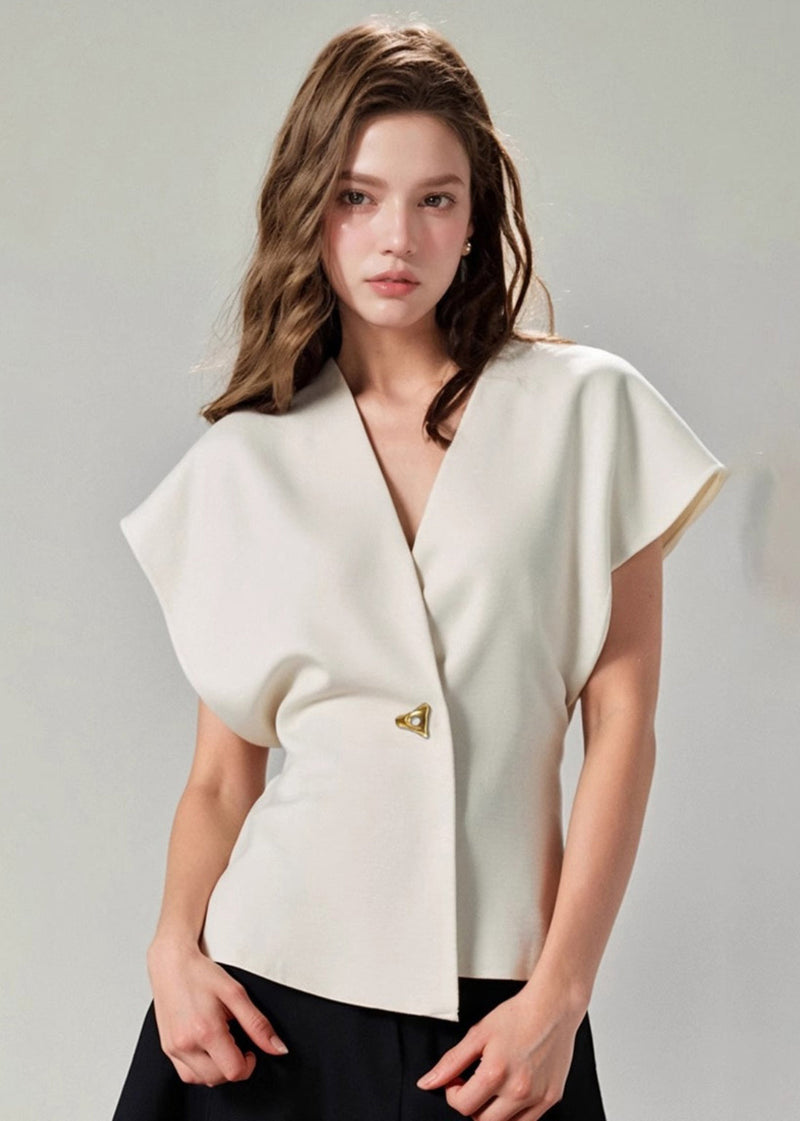 White V Neck Asymmetrical Cotton Top Summer