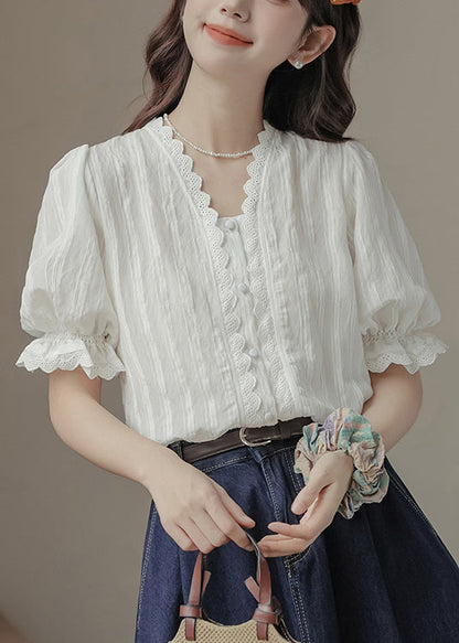 White V Neck Patchwork Lace Top Summer