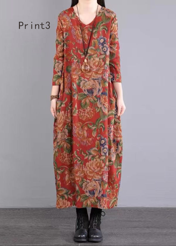 Print V Neck Patchwork Cotton Long Dress Fall