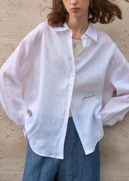 White Peter Pan Collar Embroidered Linen Blouses Spring