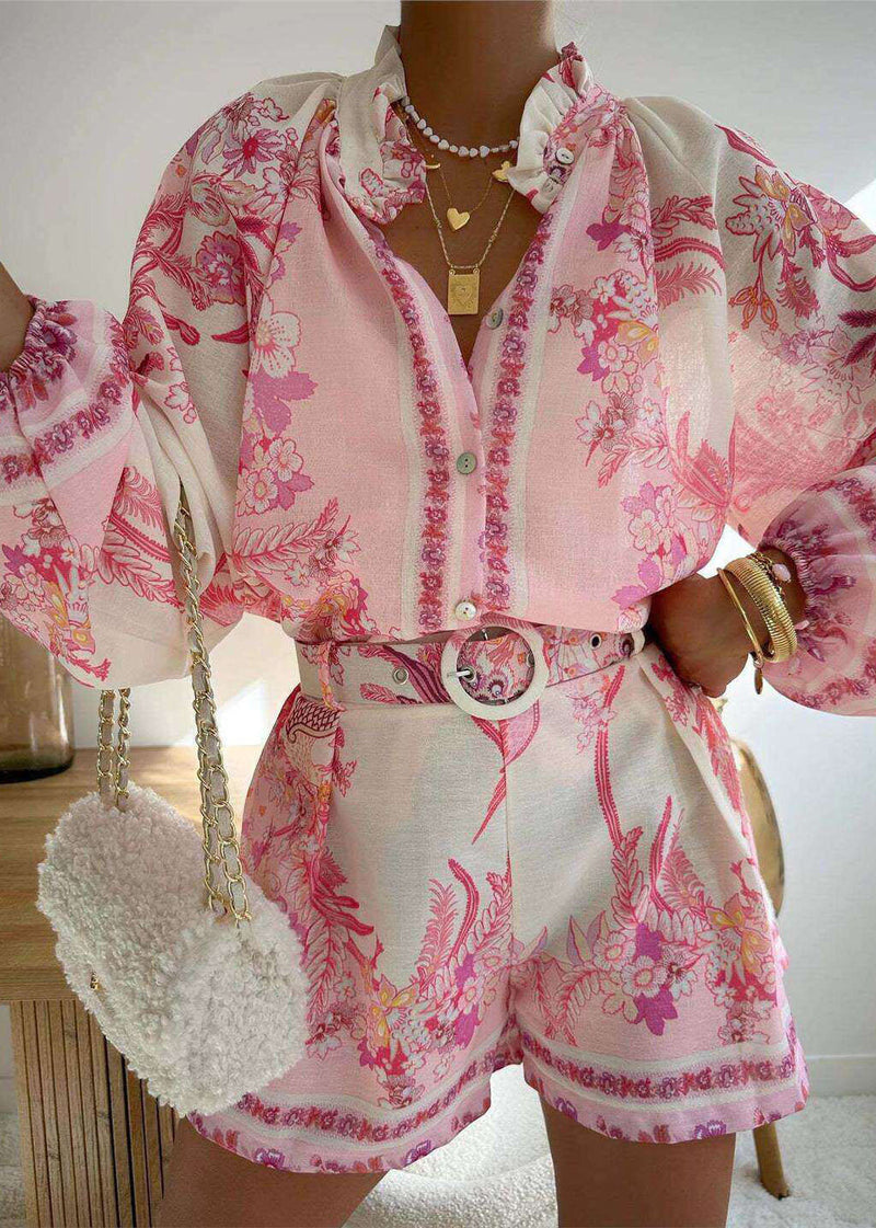 Pink Ruffled Print Top and Shorts Cotton Two Pieces Set Summer