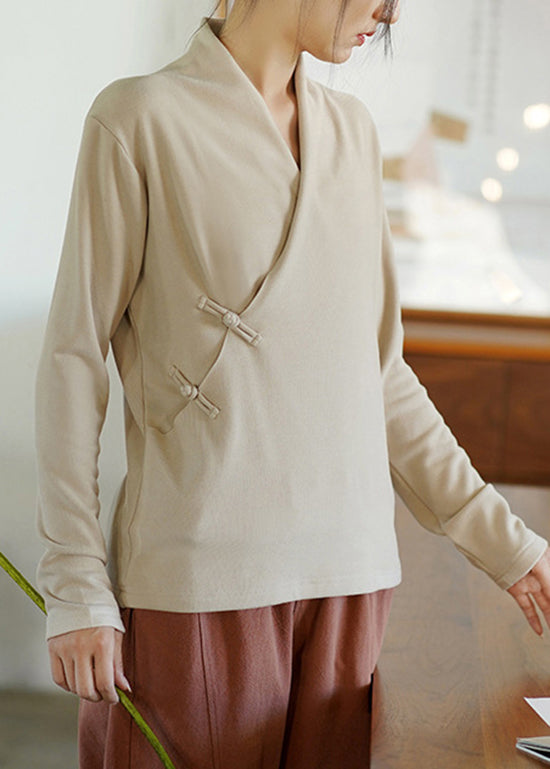 Beige V Neck Oriental Button Cotton Shirt Tops Spring