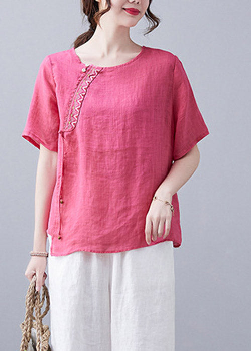 Simple Rose O-neck Asymmetrical Design Embroidered Top Short Sleeve