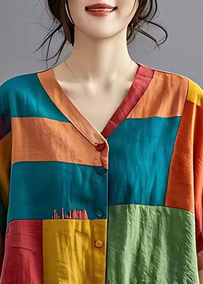 Colorblock Asymmetrical Patchwork Applique Linen Shirt Top Summer