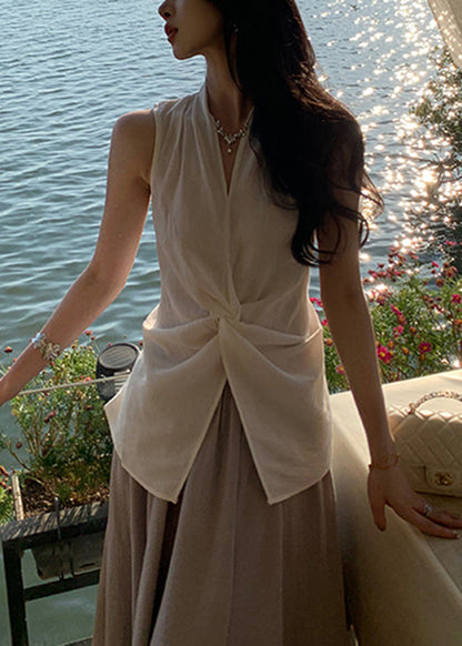 White V Neck Front Open Cotton Blouses Sleeveless