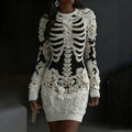 Women's Halloween Skull Floral Pattern Art Cozy Knit Mini Sweater Dress artswardrobe