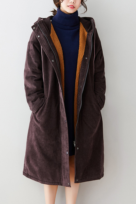 -winter Lamb Fleece Mid Length Coat Corduroy Hooded Coat