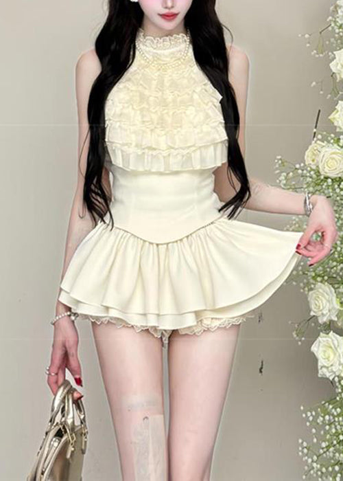 Black Ruffled Tops and Skirts Cotton Two Pieces Set Sleeveless